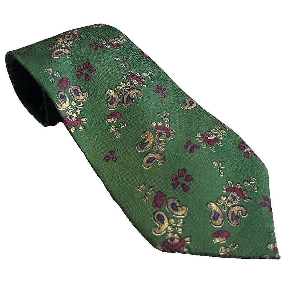 Vintage Gitman Brothers 100% Pure Silk Tie Wide Green Paisley Floral Made in USA
